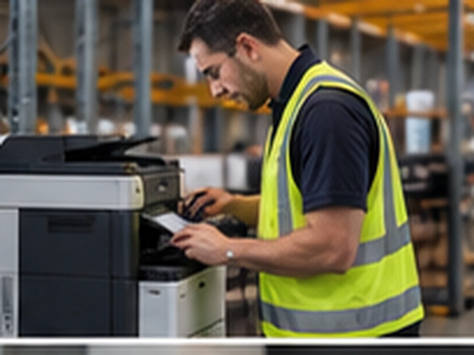 A worker in a high-visibility vest collects output at a plant-floor printer.