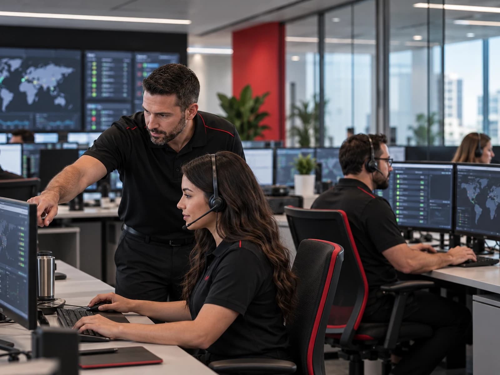 A technology team monitors global systems from a shared workstation.