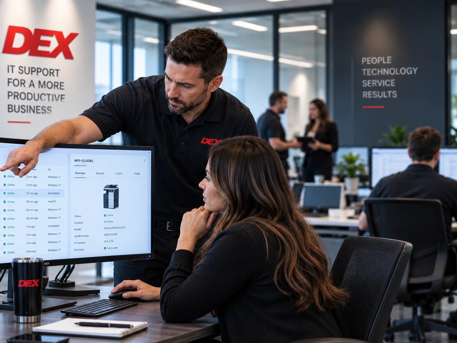 A DEX specialist reviews device management software with a customer.