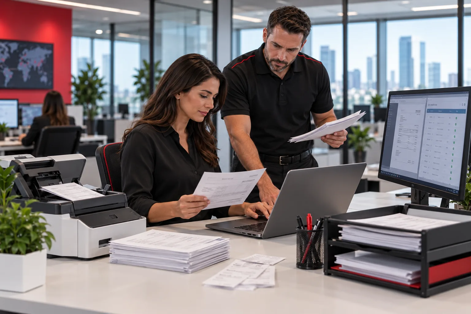 Two colleagues process printed invoices at an accounts payable workstation.