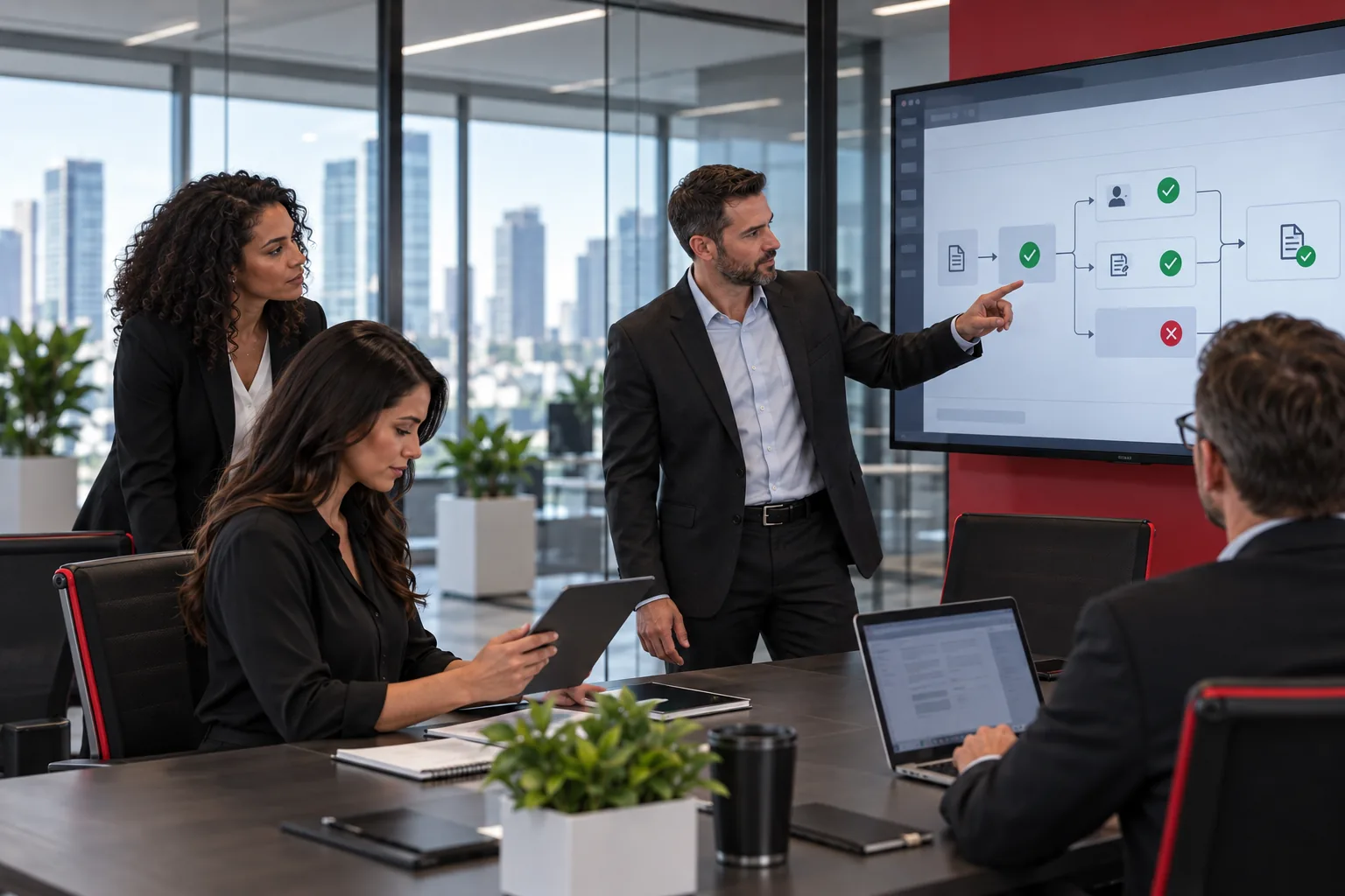 A specialist presents an automated approval workflow to a seated team.