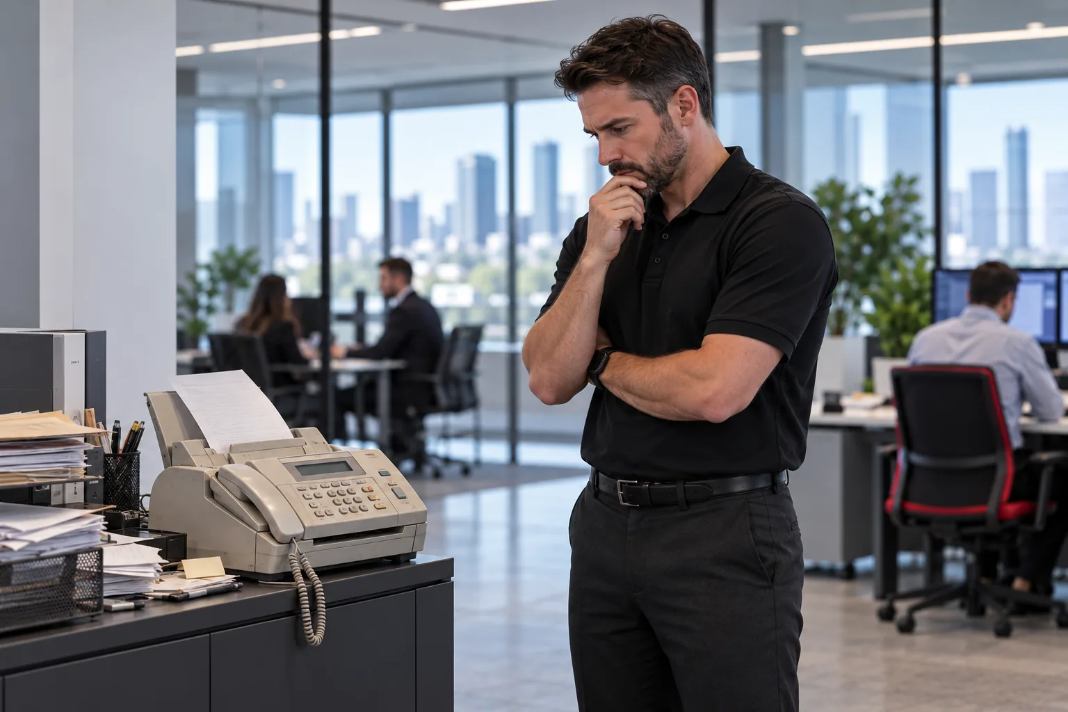 An employee considers an ageing fax machine in a modern office.