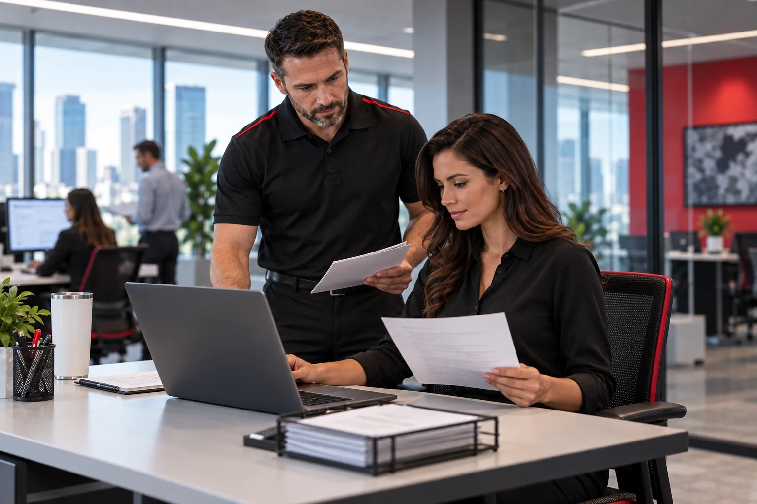 Two colleagues review a transmitted document on a laptop.