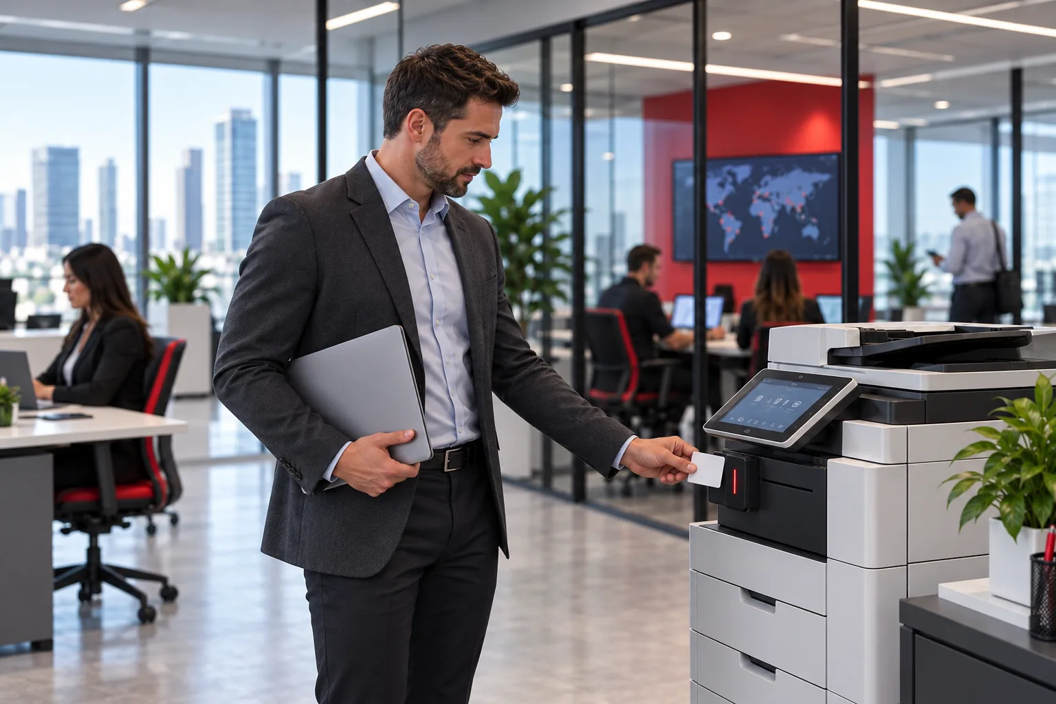 An employee releases a print job at a shared multifunction printer.