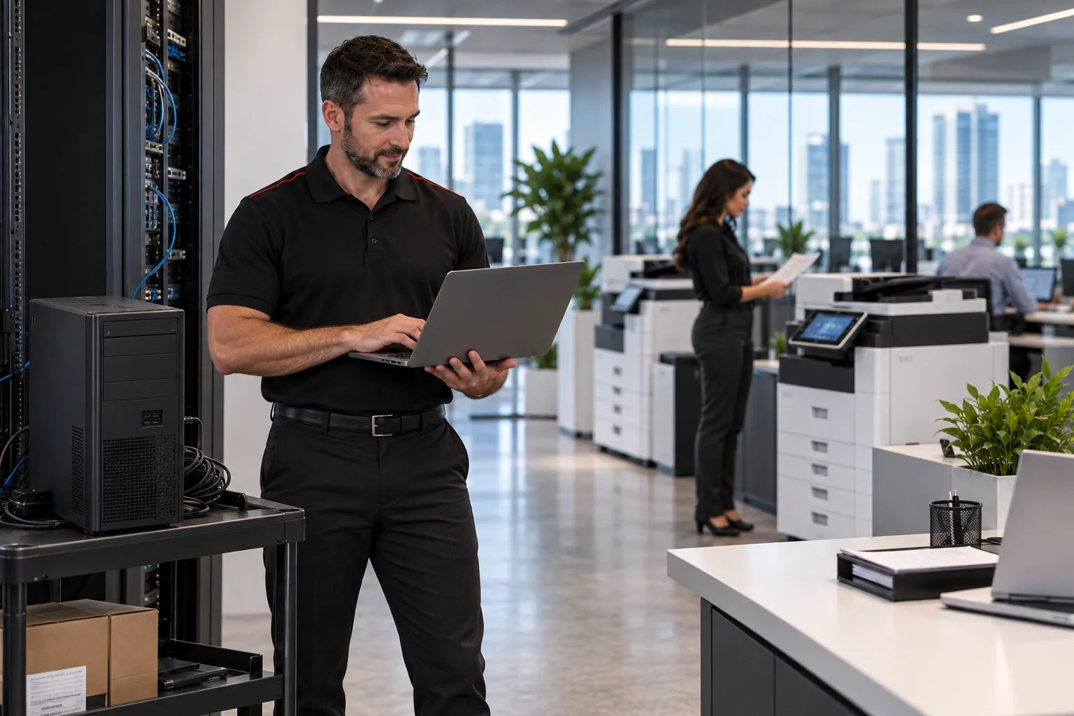 An employee prints from a laptop without an on-site print server.