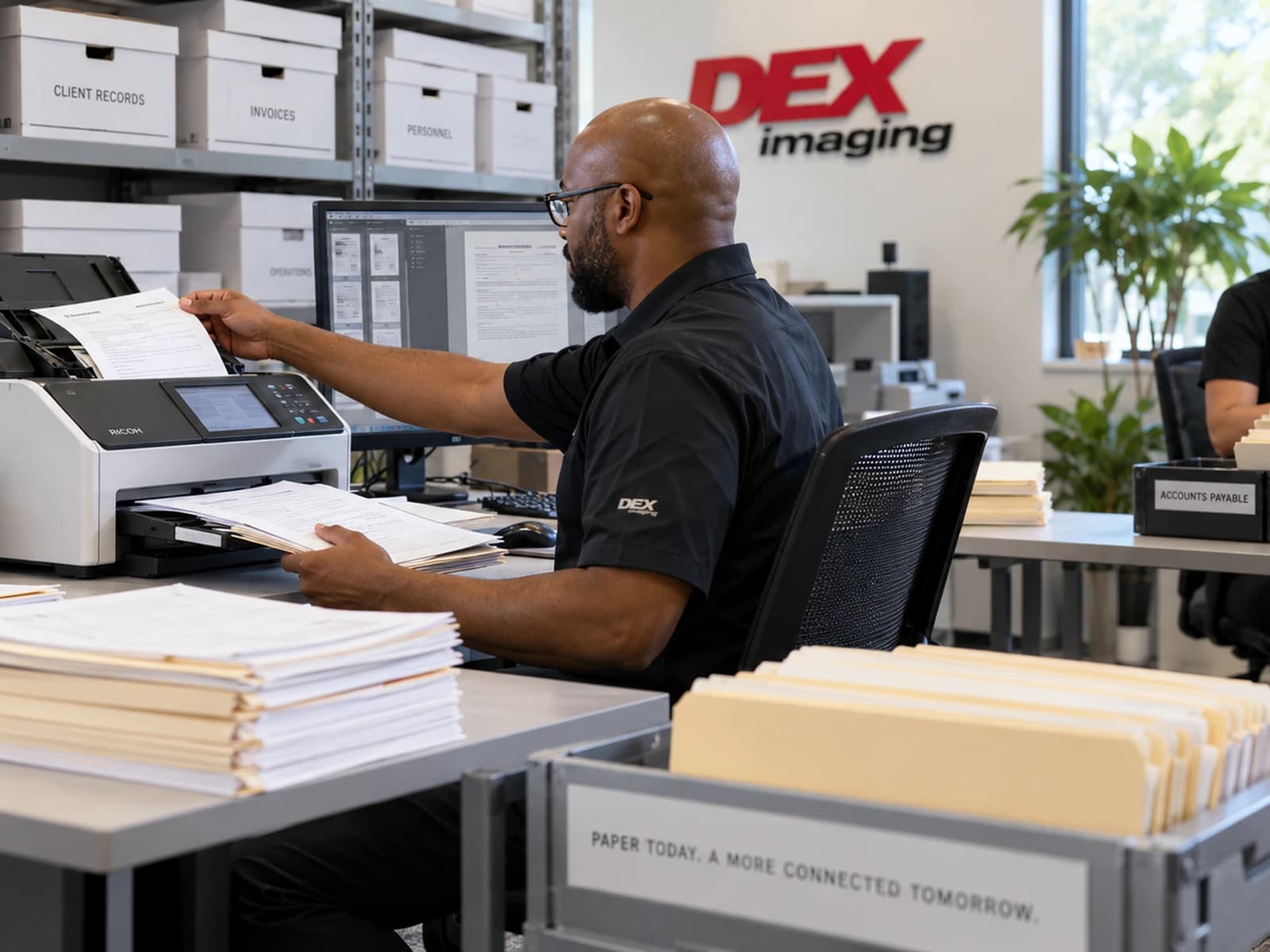A DEX employee feeds paper records into a document capture scanner.