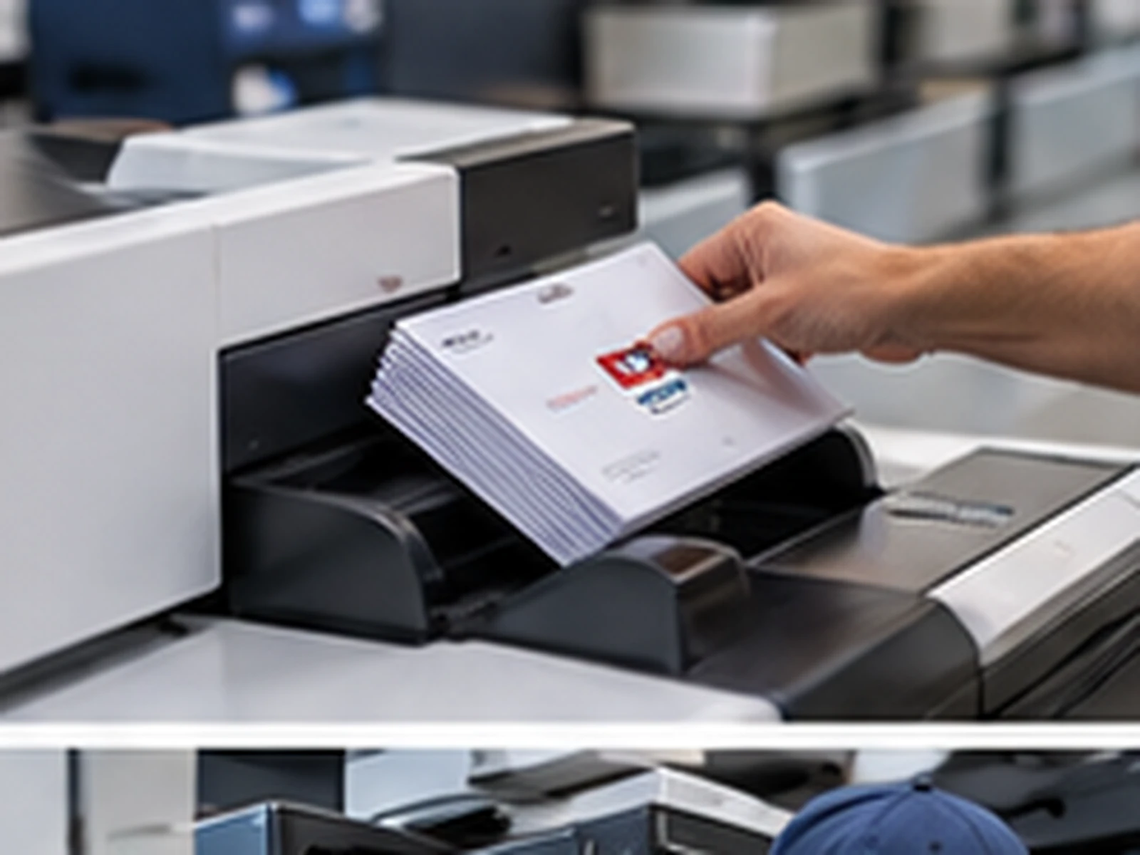 Hands feed an envelope into a folder inserter.