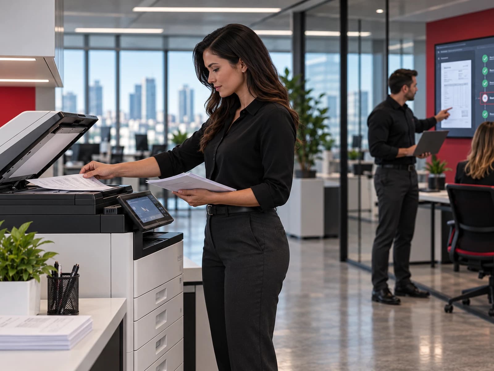 An employee places a document on a multifunction printer to scan.