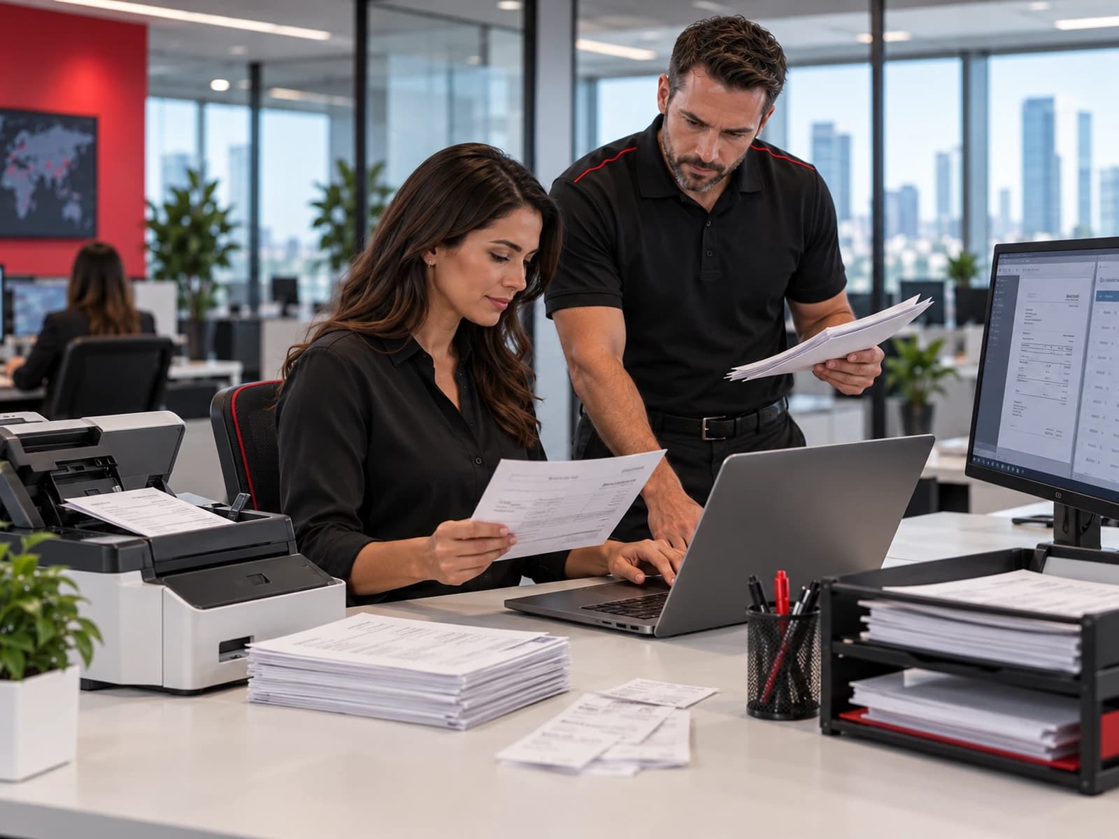 Two colleagues review scanned documents on a laptop.