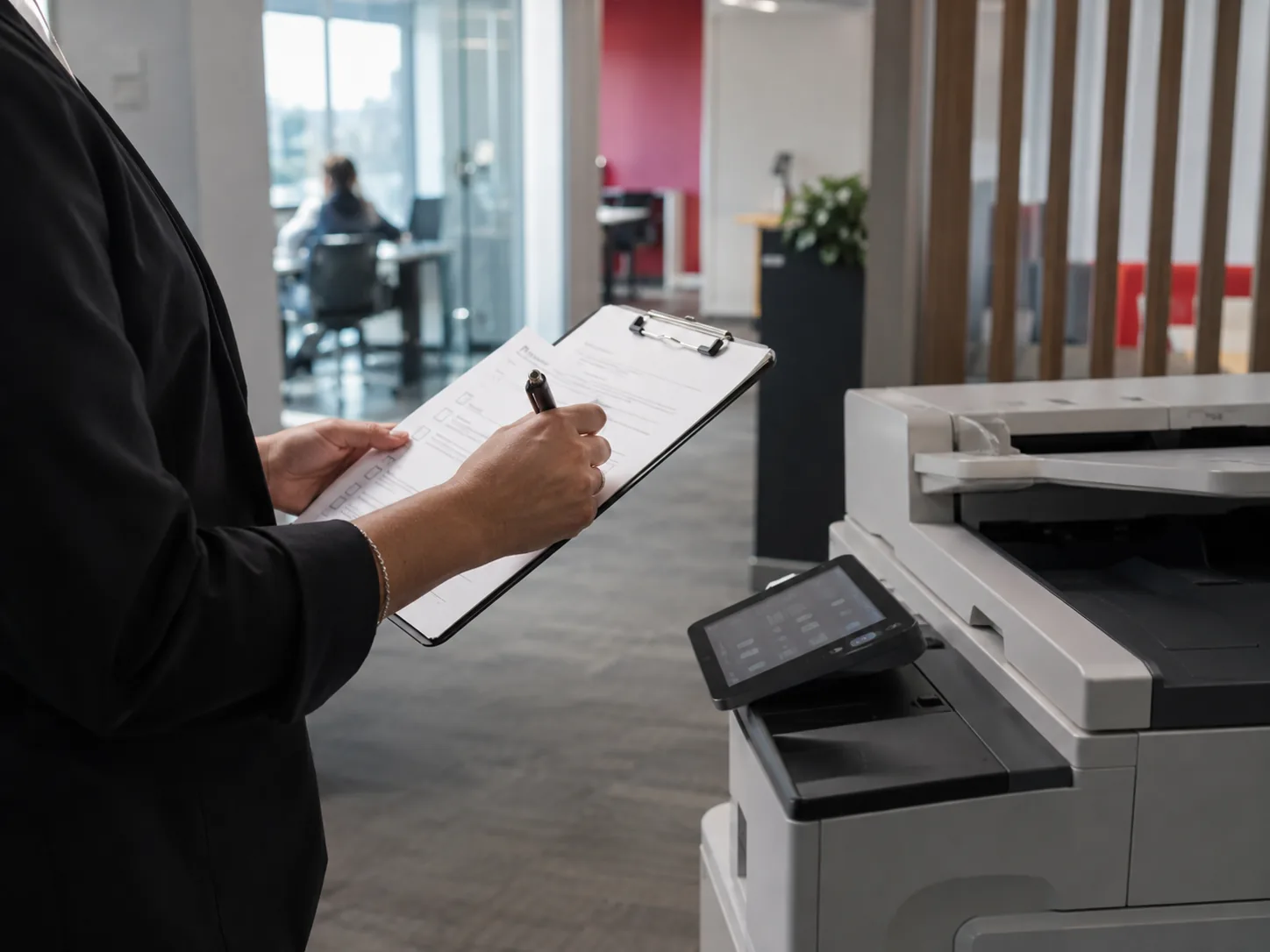 A hand records a clipboard audit beside a multifunction printer on an office floor.