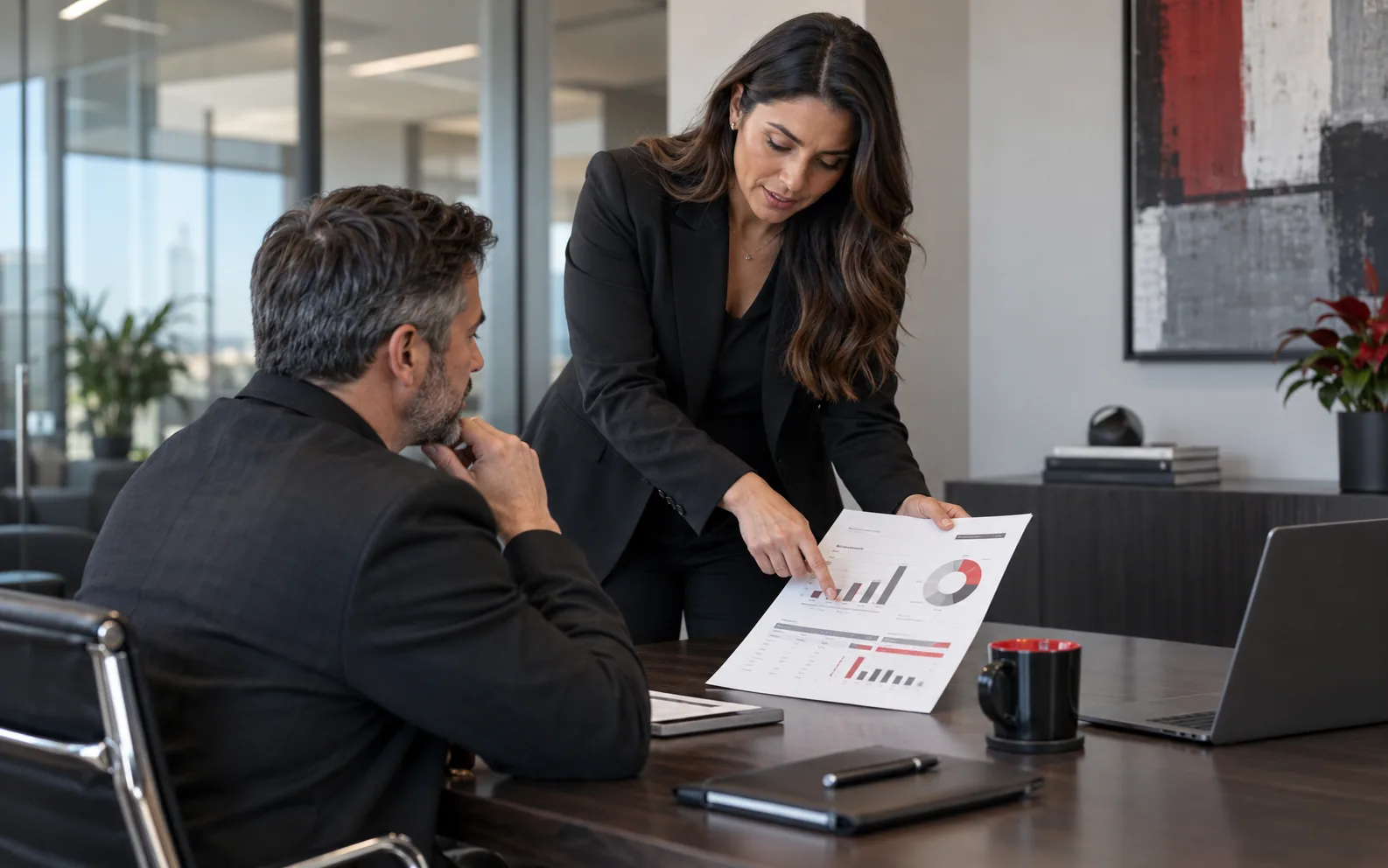 A managed print consultant presents a printed fleet report to a seated customer.