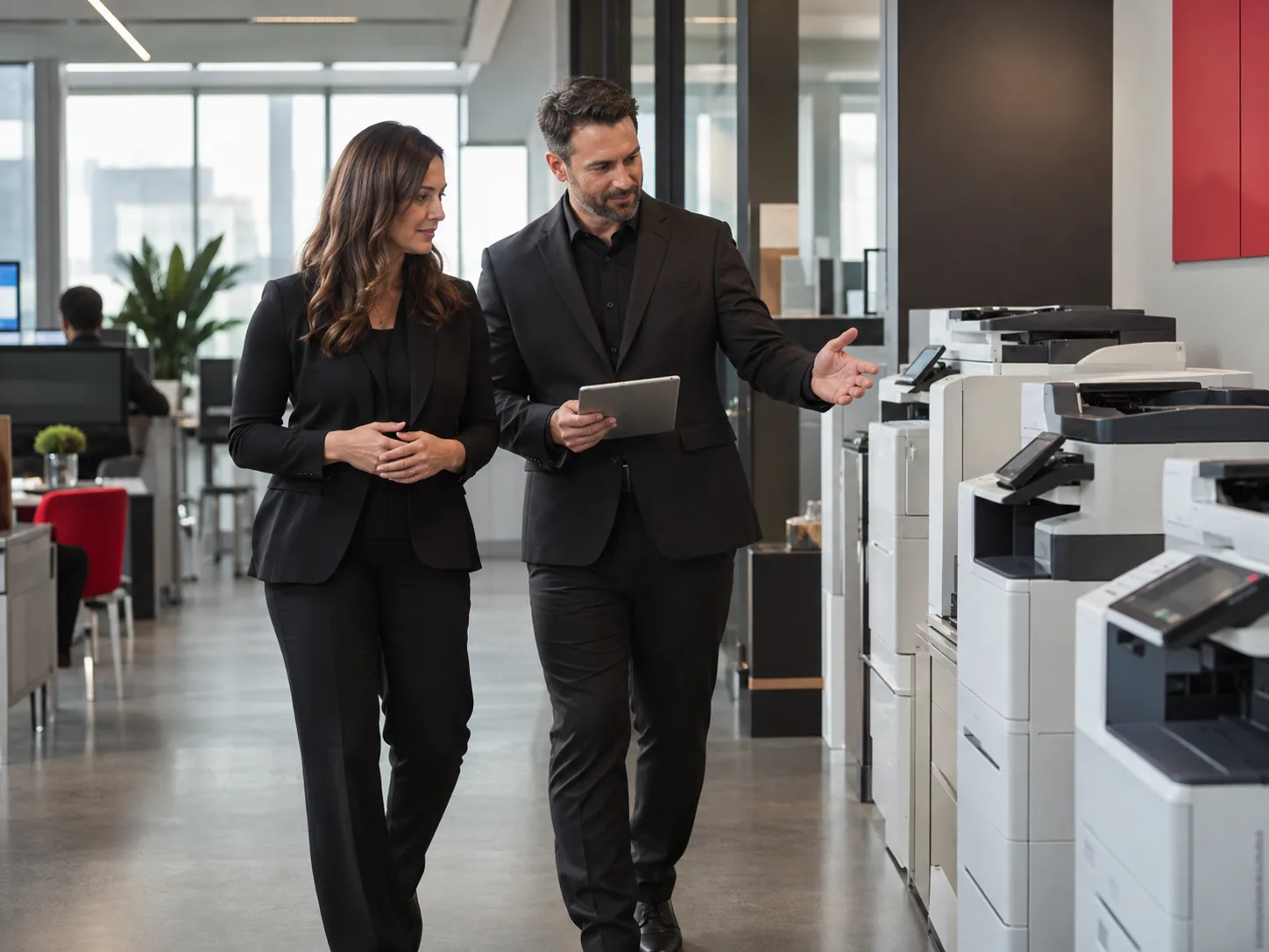 A consultant and a customer walk a floor of office devices together, reviewing as they go.