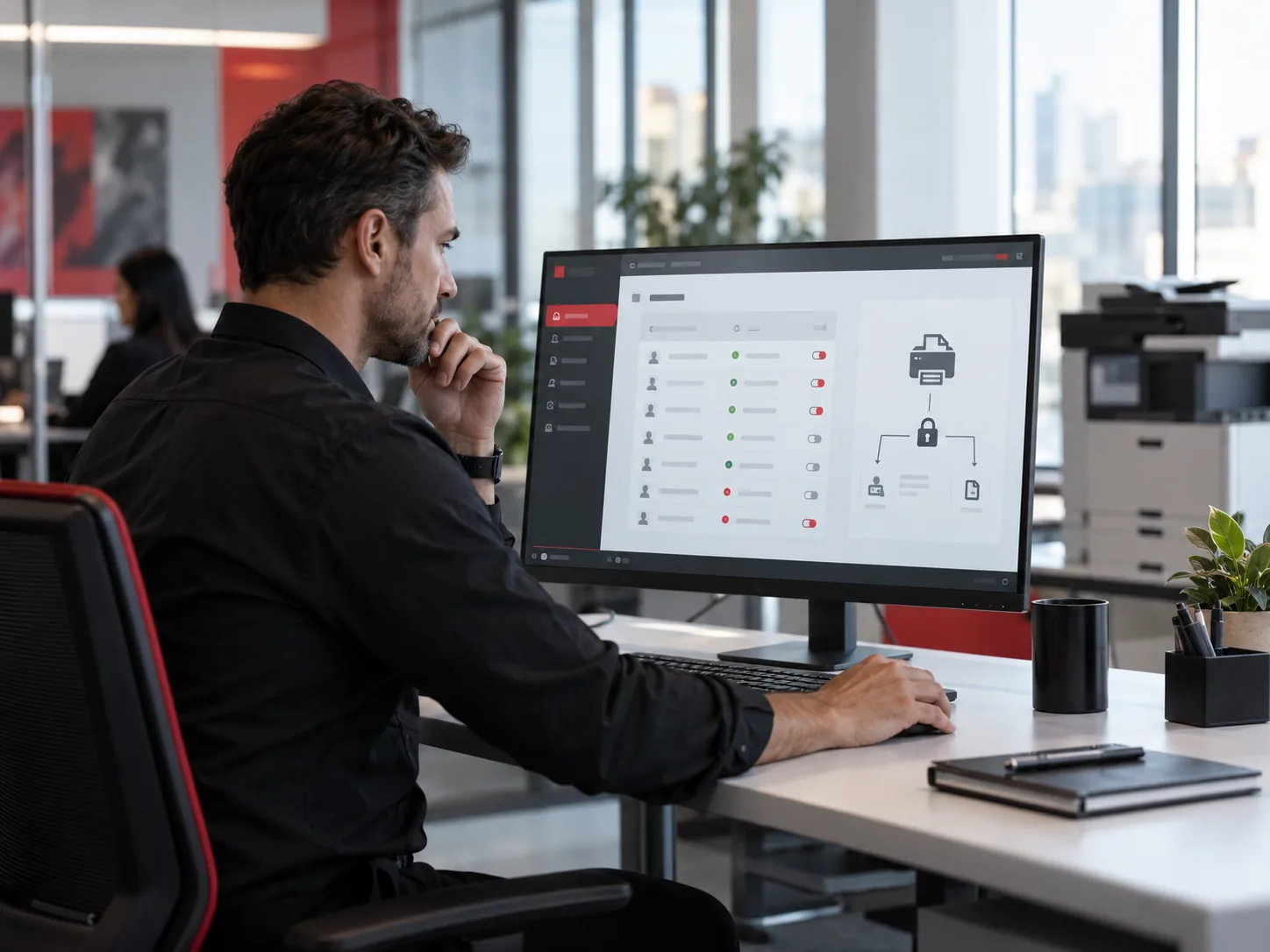 An IT security professional reviews print access policy on a monitor.