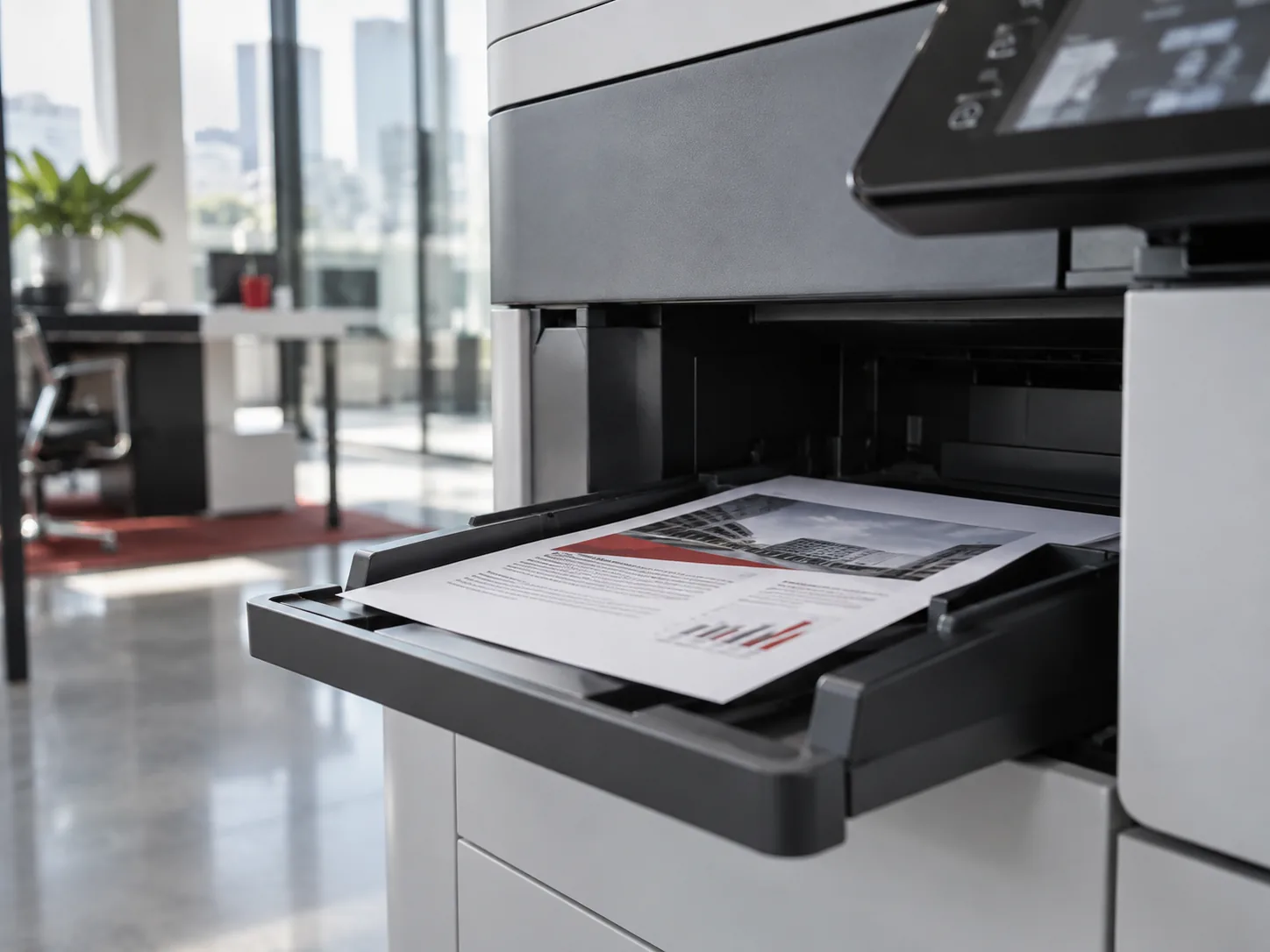 A single freshly printed document rests in a device output tray.
