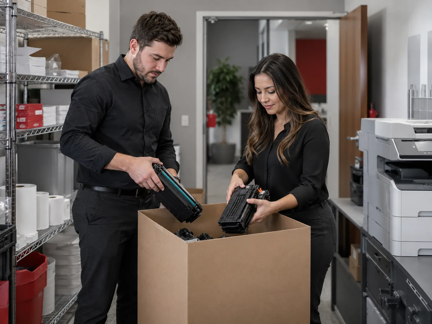 Two staff place used consumables into a recycling carton in an office back room.