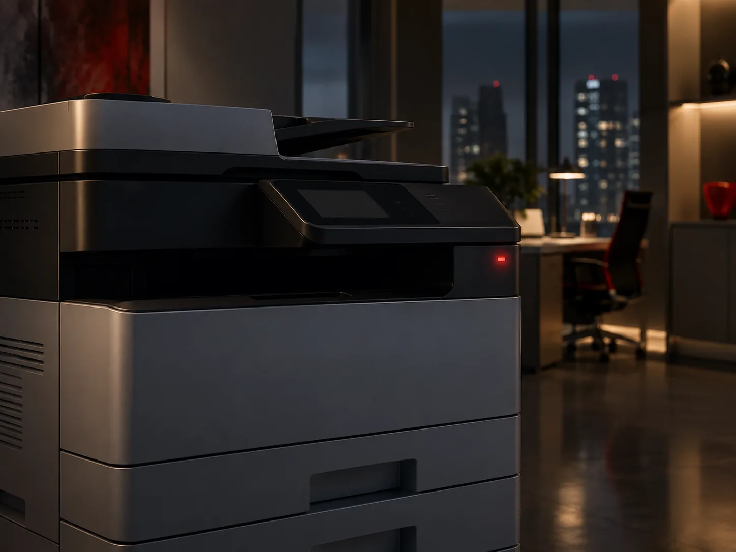 A print device at rest in a calm low-light office, a single indicator glowing.