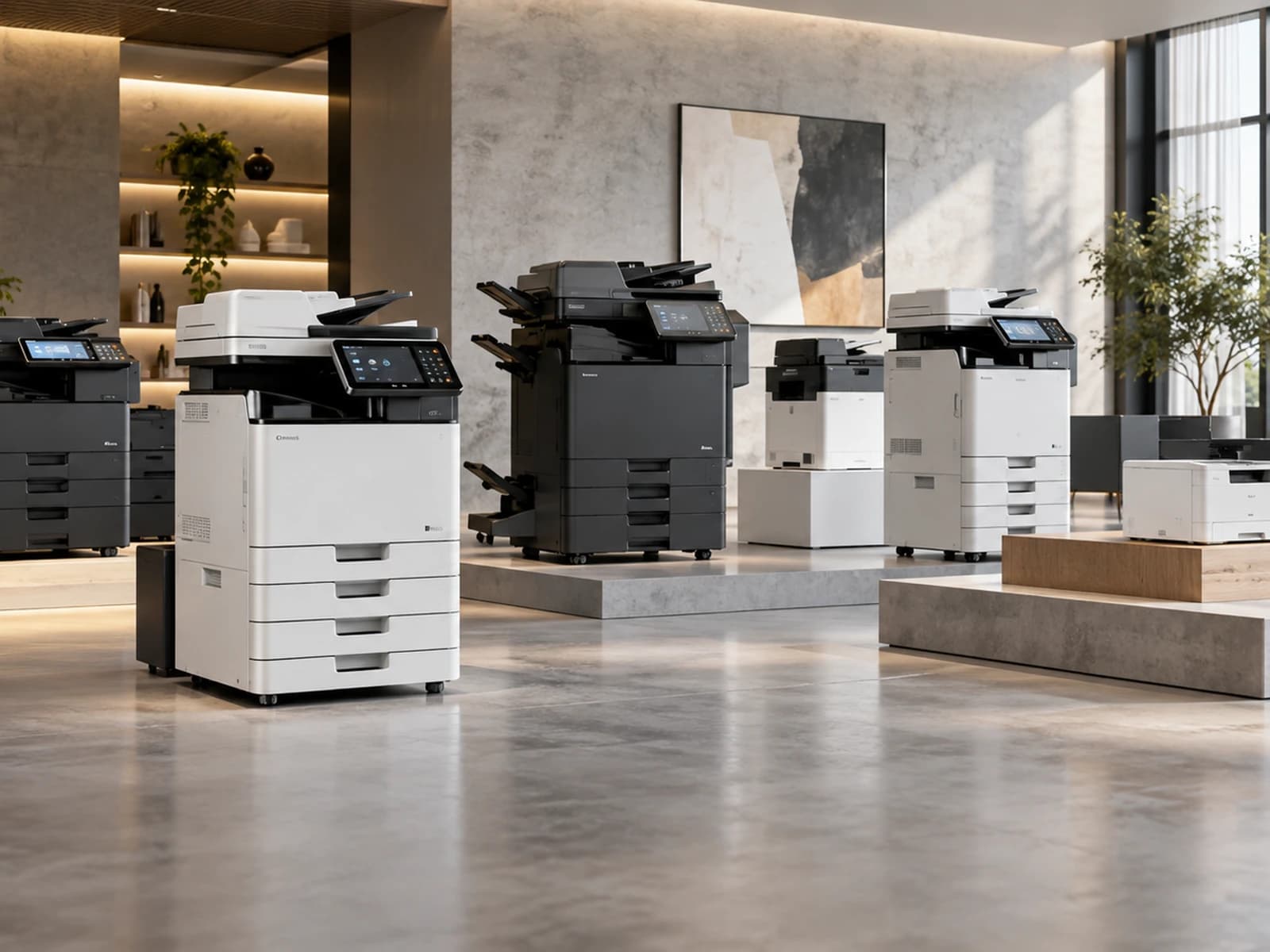 A showroom lineup of copiers and multifunction printers on display plinths.