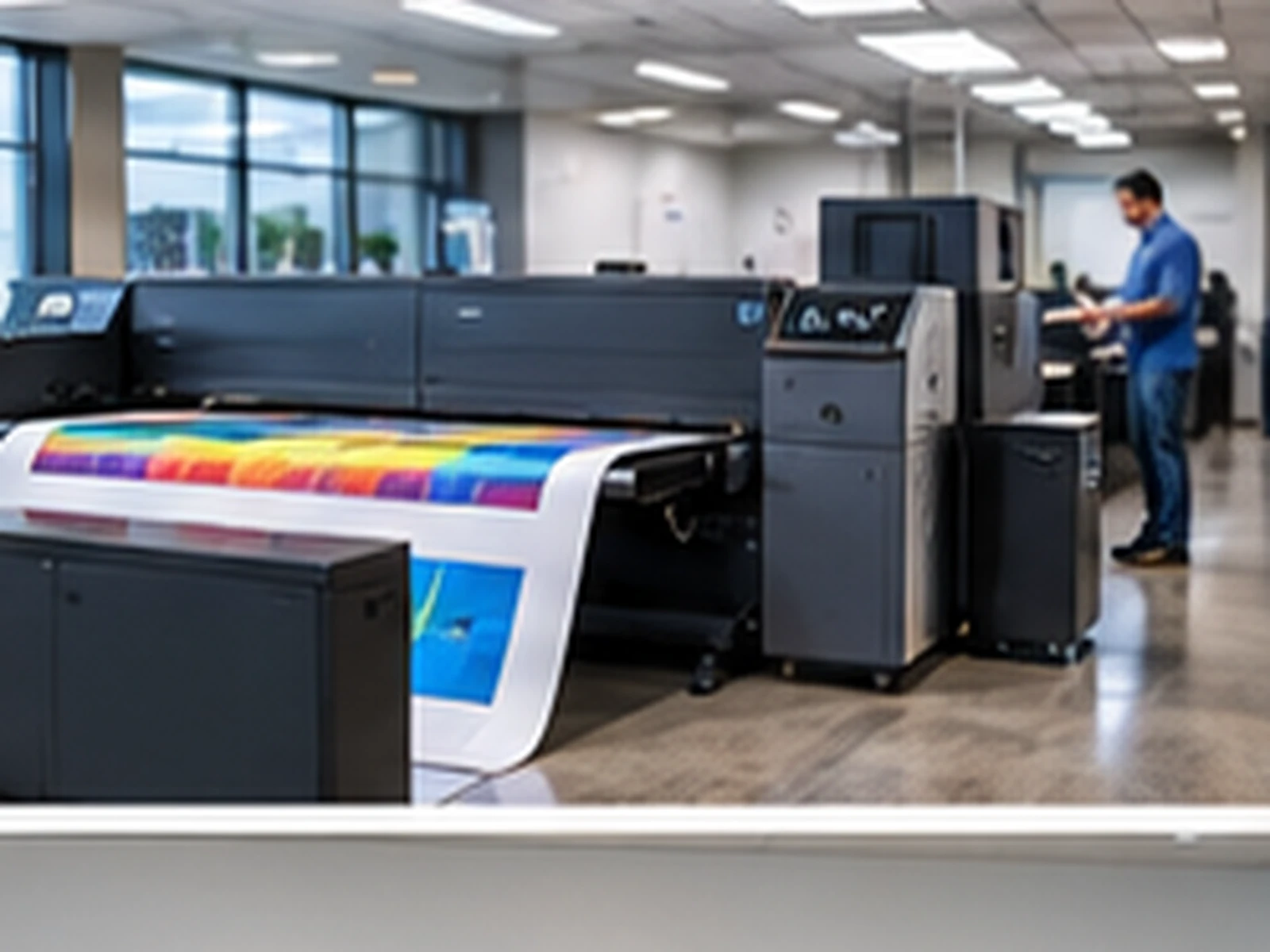 Colour sheets emerge from a production printing press.
