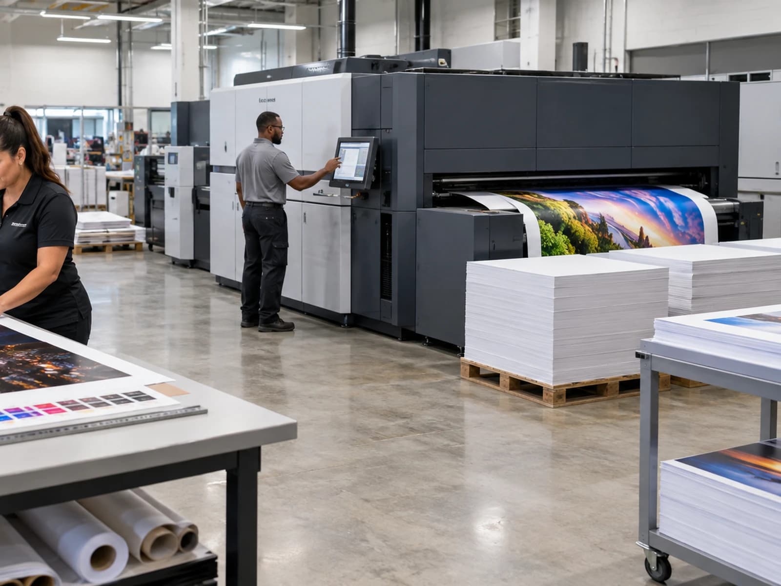 A production print floor with a press running colour work.
