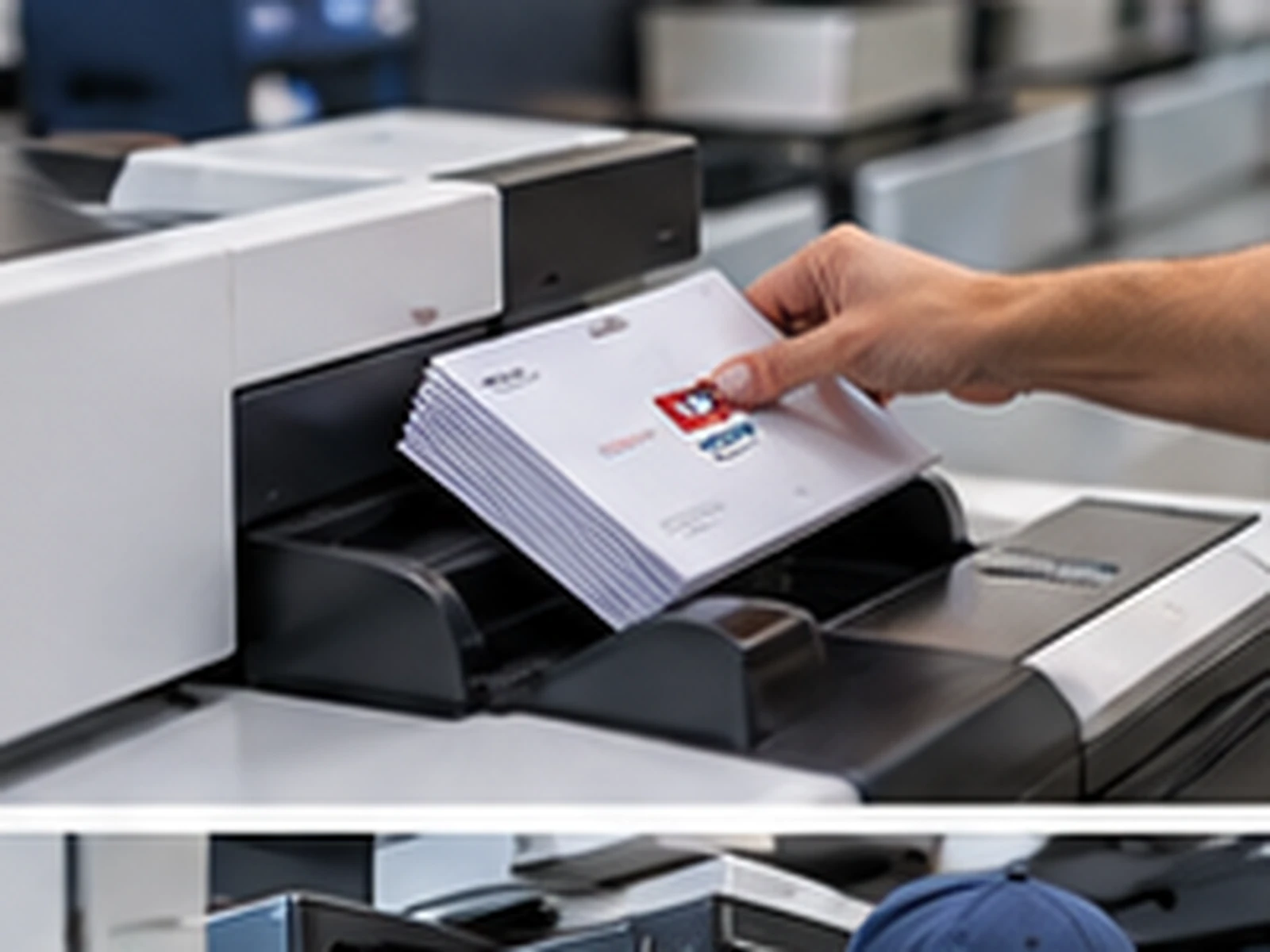 Hands feed a sealed envelope into an inline finishing unit.