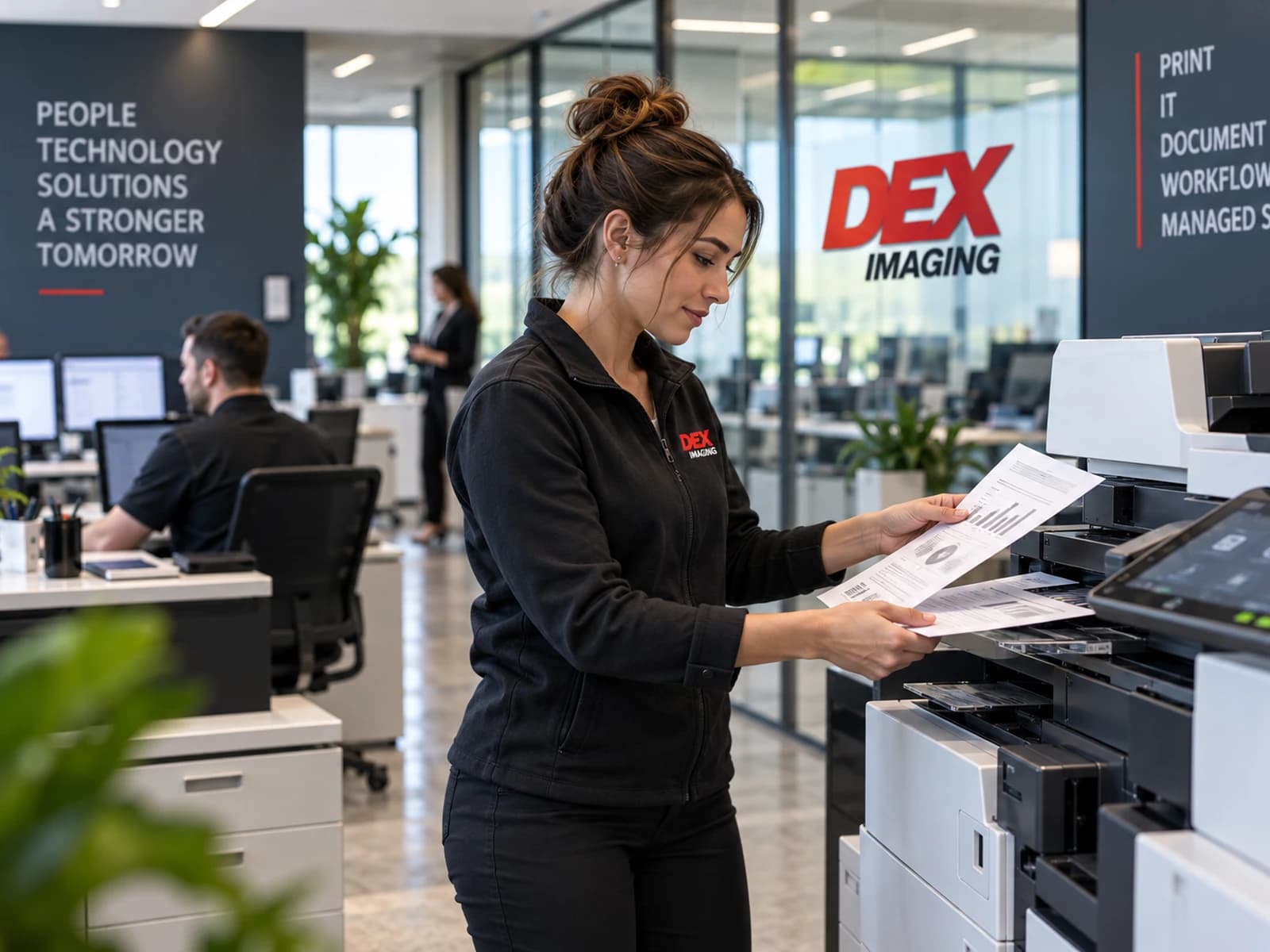 A DEX print specialist reviews colour output beside a production device.