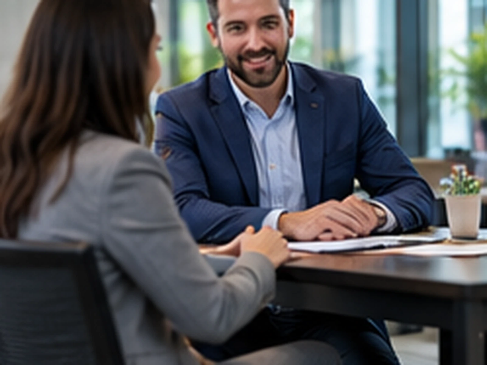 A customer and a DEX representative discuss results in a meeting.