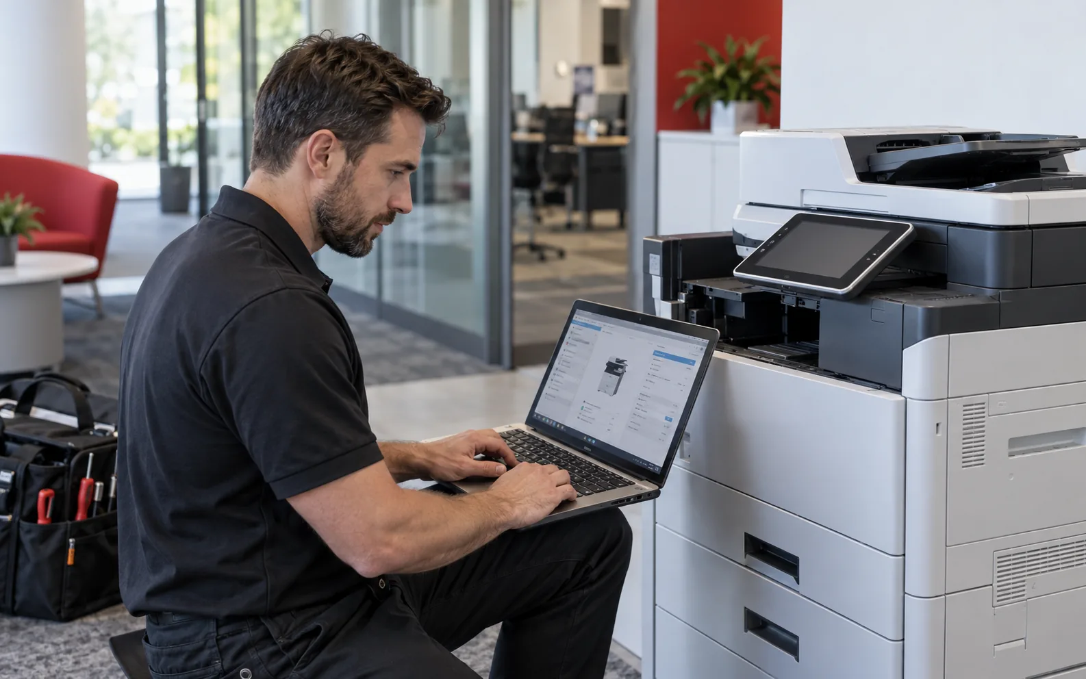 A DEX technician reviews printer driver settings on a laptop beside a multifunction printer.