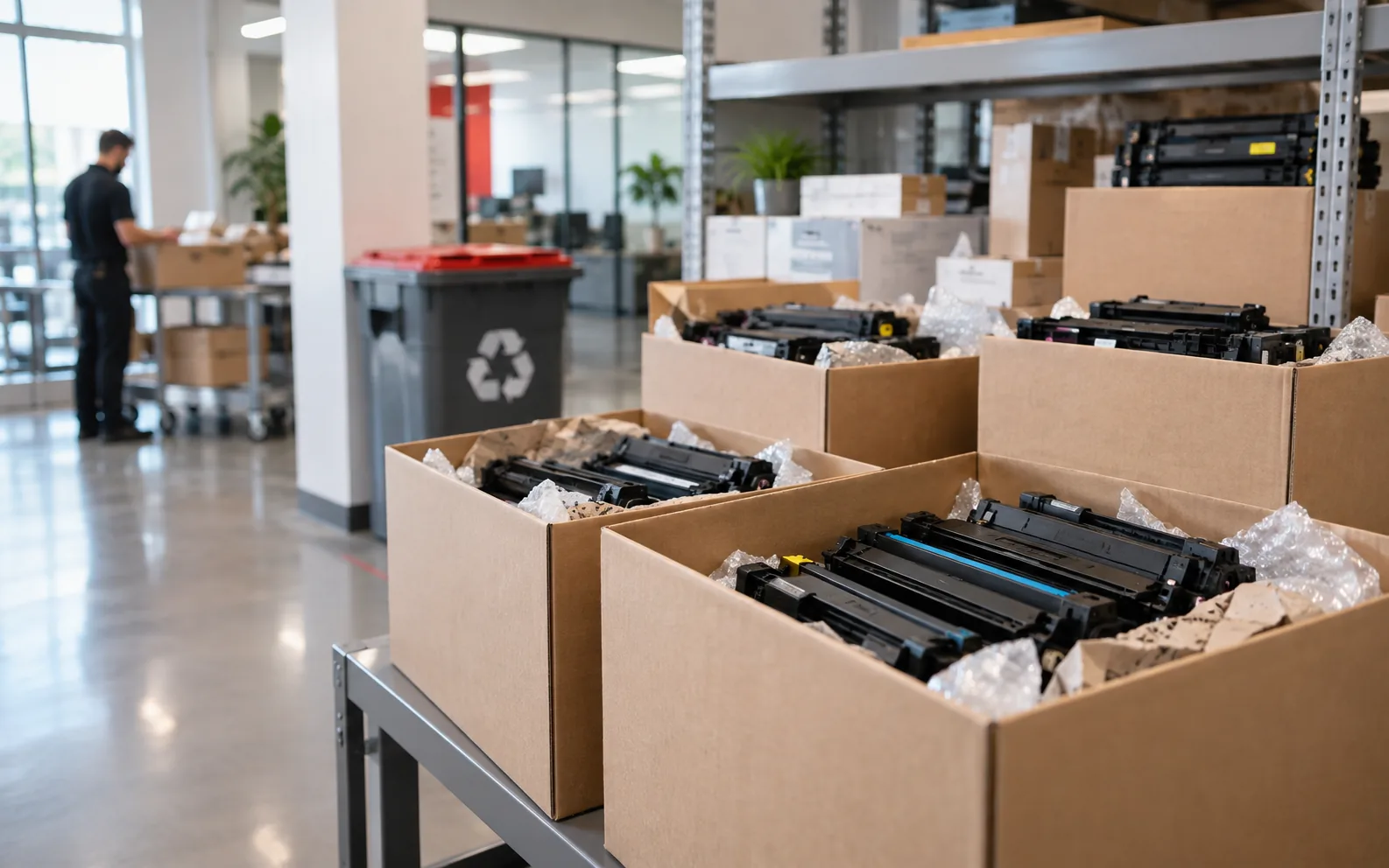 Used toner cartridges boxed and stacked for recycling in a tidy facility.