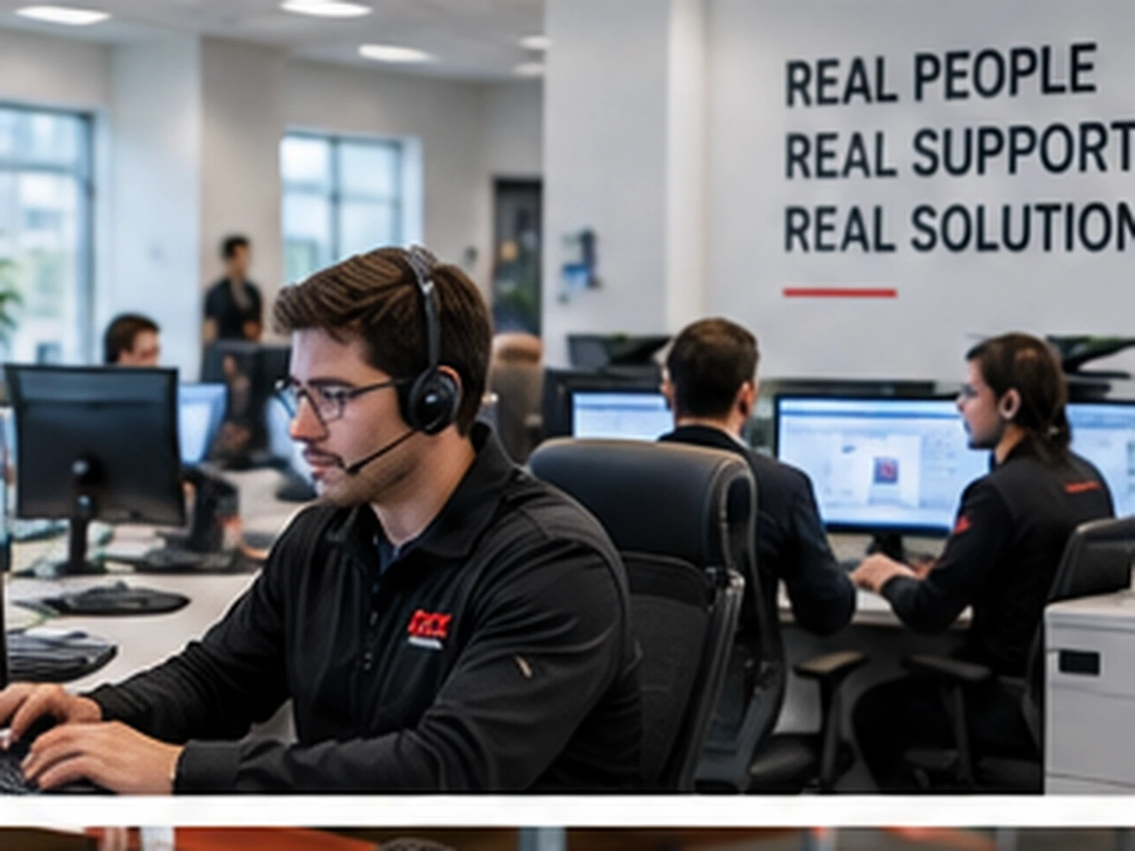 A DEX support team at work beneath a Real People, Real Support wall graphic.
