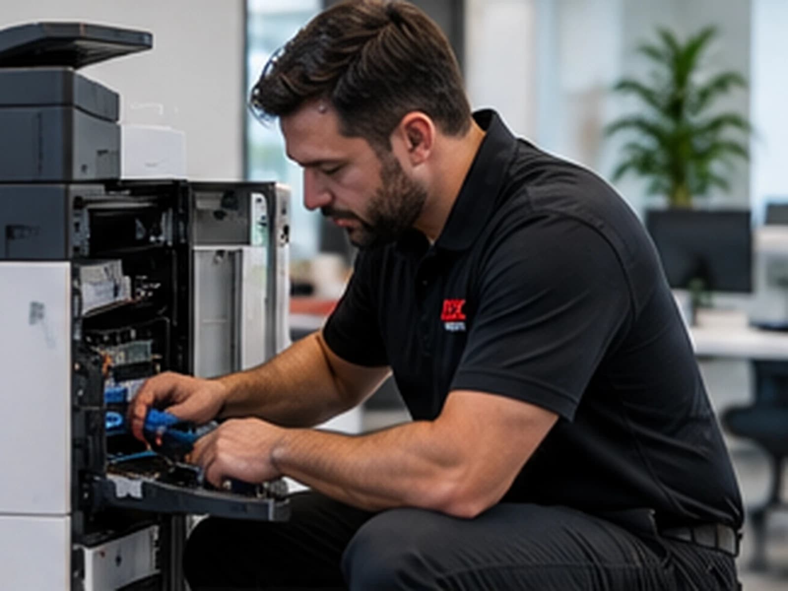 A DEX technician replaces a component inside a copier.