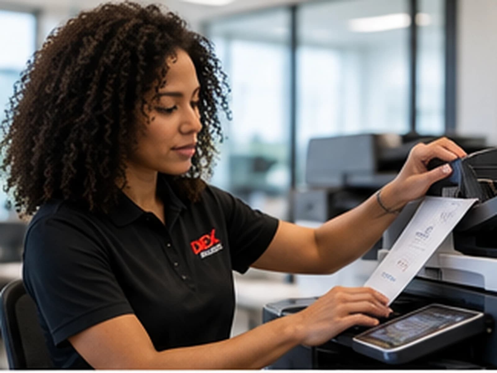 A DEX specialist checks a document at a multifunction printer's touchscreen.
