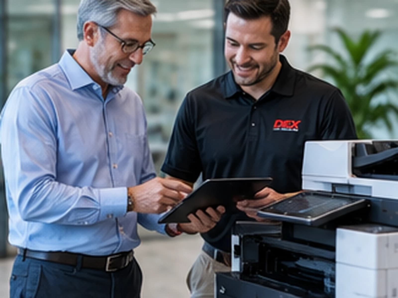 A DEXpert reviews device performance on a tablet with a customer.