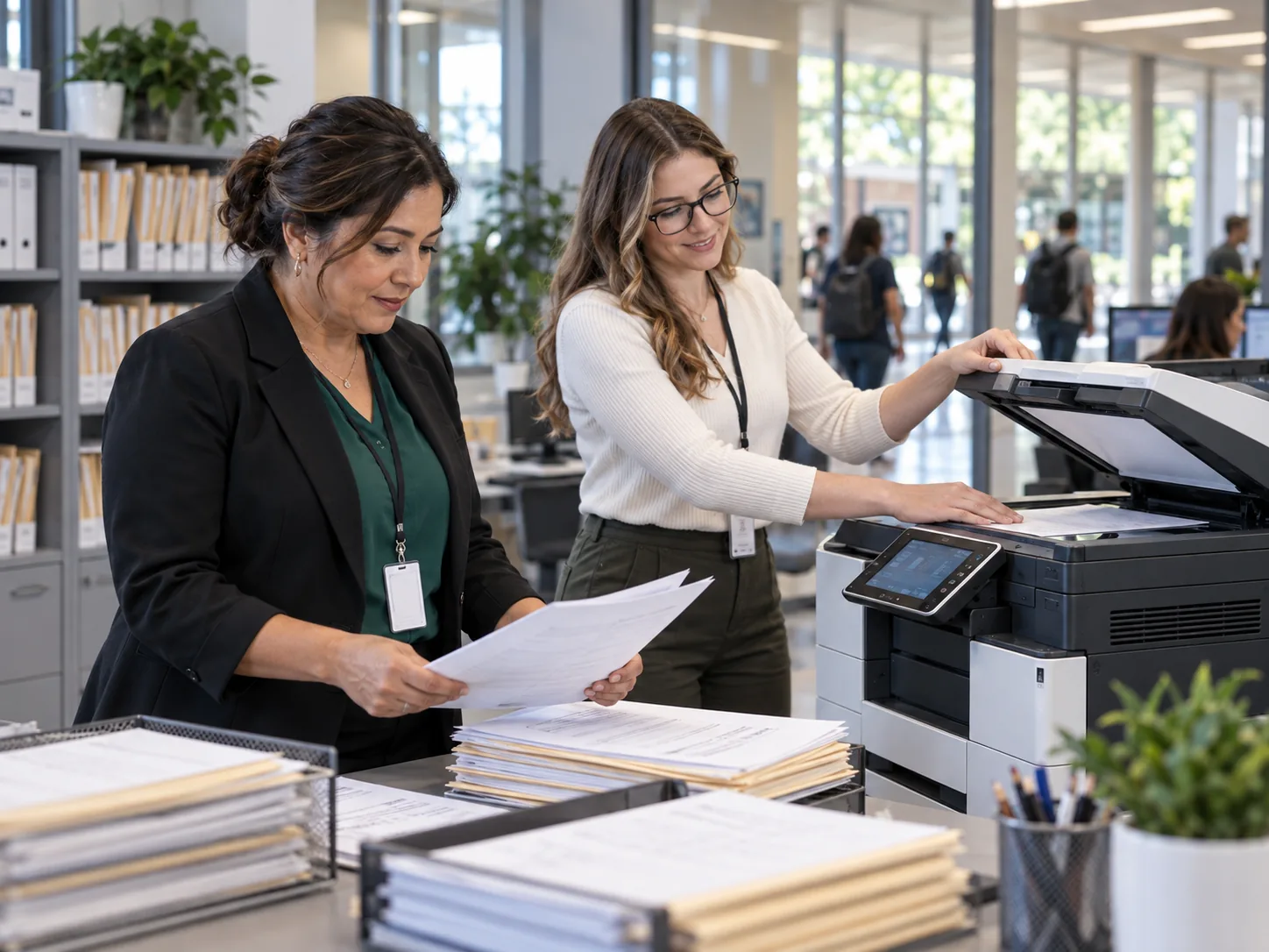 Two staff process printed student records at a university records office printer.