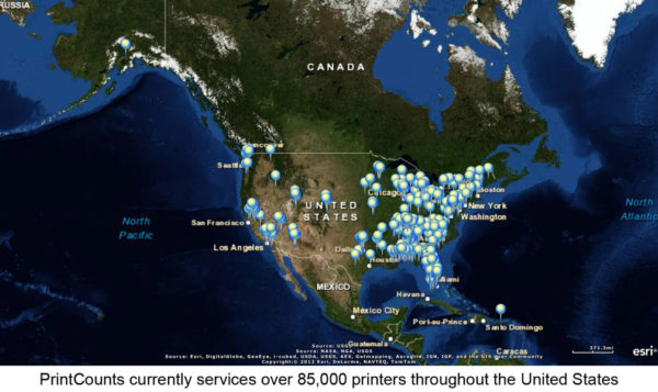 PrintCounts: US Print Patrol Map showing over 85,000 printers serviced