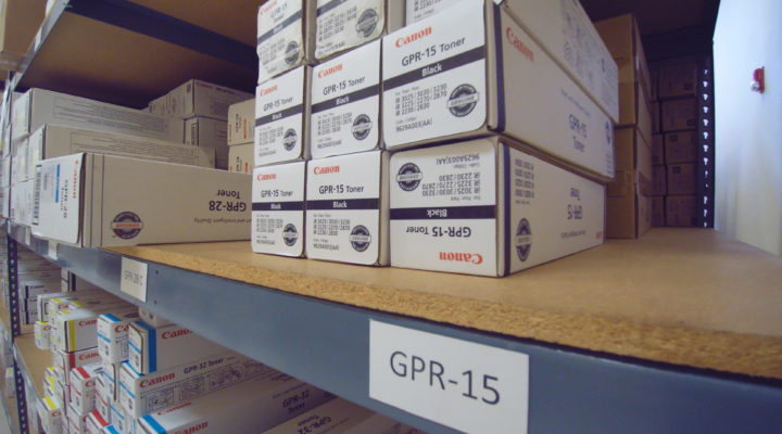 Warehouse shelves showing Canon GPR-15 Toner
