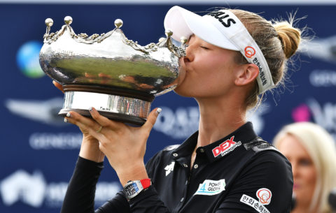 Nelly Korda kisses the Patricia Bridges Bowl at 2019 ISPS Handa Women's Australian Open: Day 4