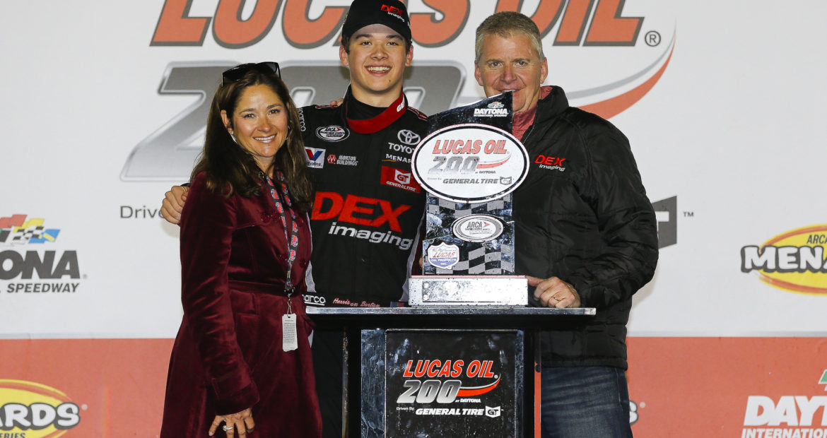 Harrison, Jeff, and Kim Burton celebrate ARCA Racing Series at Podium