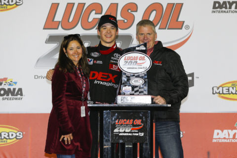 Harrison, Jeff, and Kim Burton celebrate ARCA Racing Series at Podium