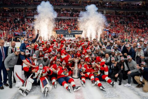 Group photo of NHL team Florida Panthers celebrating their 2024 Stanley Cup victory