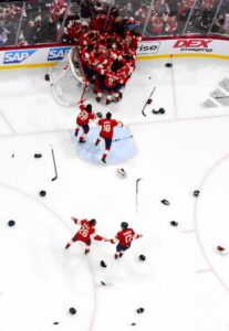 Overhead image of the Florida Panthers NHL team celebrating their 2024 Stanley Cup victory
