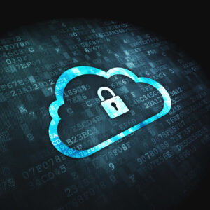 Lock icon floating in a cloud emblem over a digital background