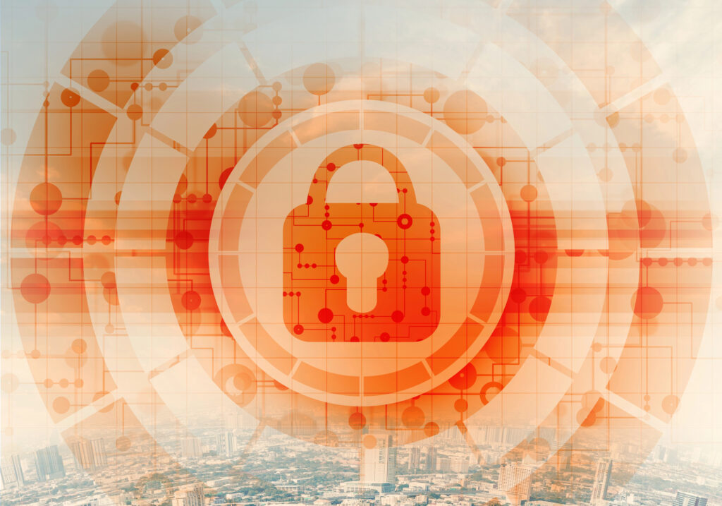 Abstract image of a padlock superimposed over a cityscape, indicating widespread security