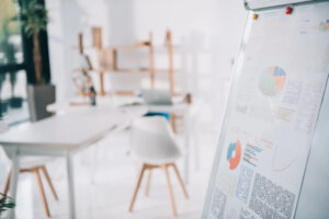 Office Flipchart in foreground of an empty conference room