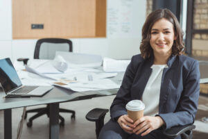 Female architect at work table