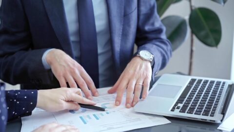 Two professionals analyzing a pie chart during a strategic business meeting. Business meeting with graph analysis.