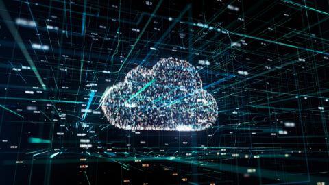 Symbol of cloud technology in modern digital world with random hash codes, 3D illustration