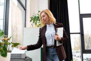 Adult woman interacts with a copier in a modern office filled with greenery.